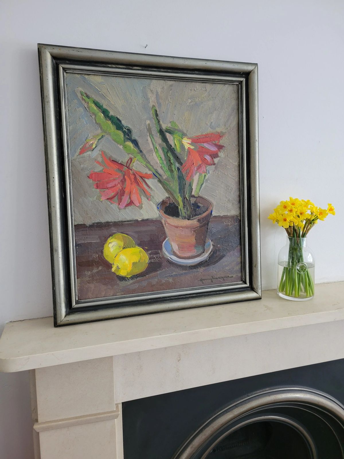 Art Red Blooms & Lemons Original Mid Century Vintage Floral photo
