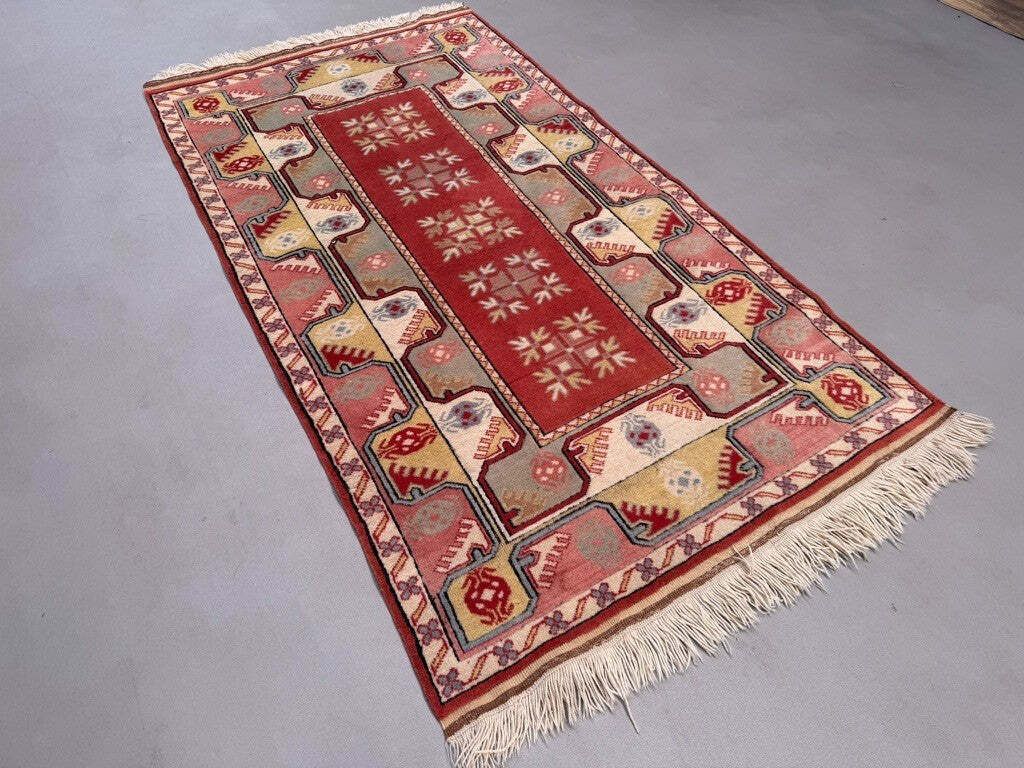Turkish Milas Rug 212x120 Cm Vintage Carpet Ushak Region Pink Beige Blue 2529 photo Textiles