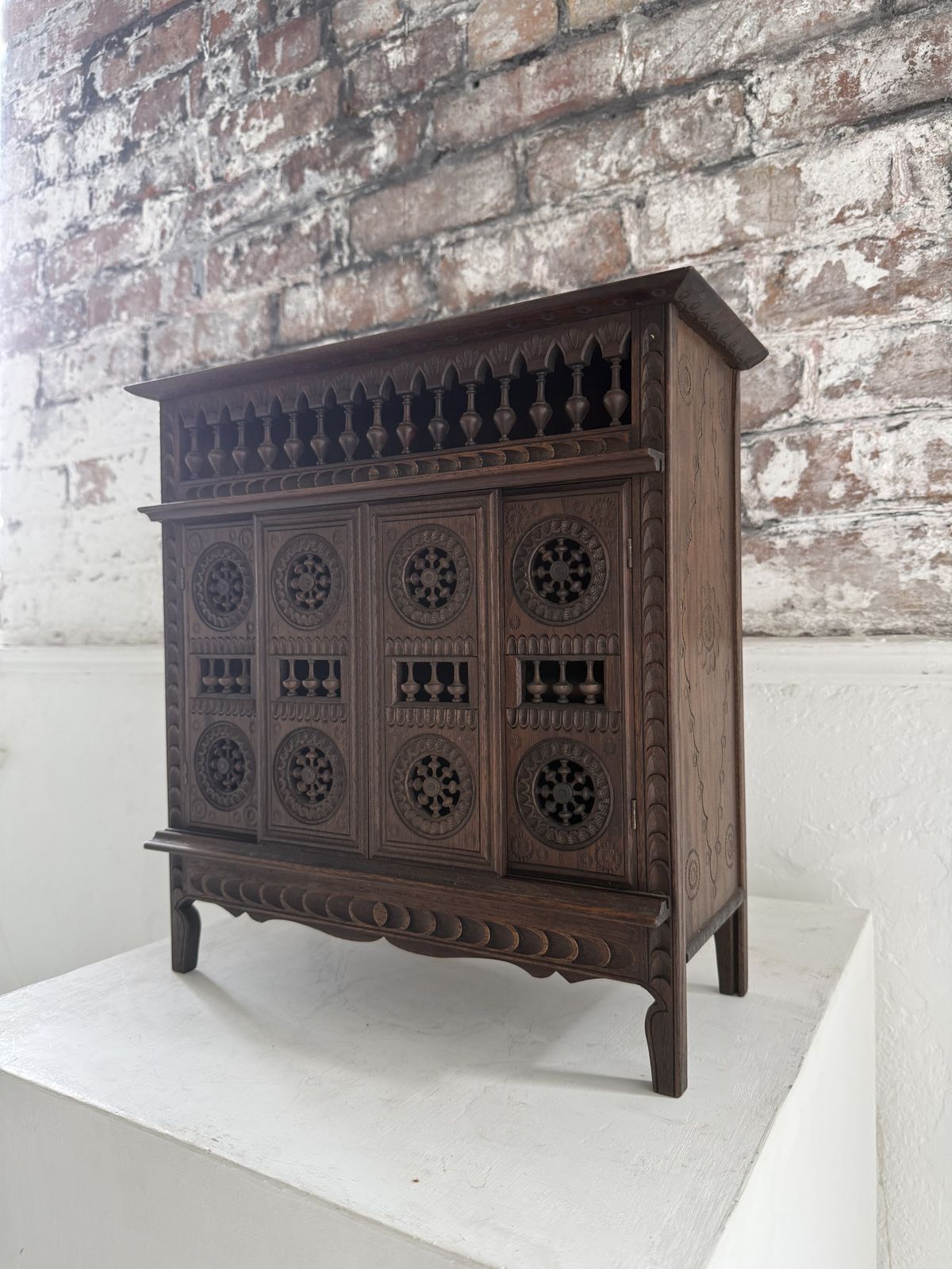 Breton Miniature Apprentice Piece Wheel Cabinet, Carved Chestnut, Late 19th/Early 20th Century photo Furniture