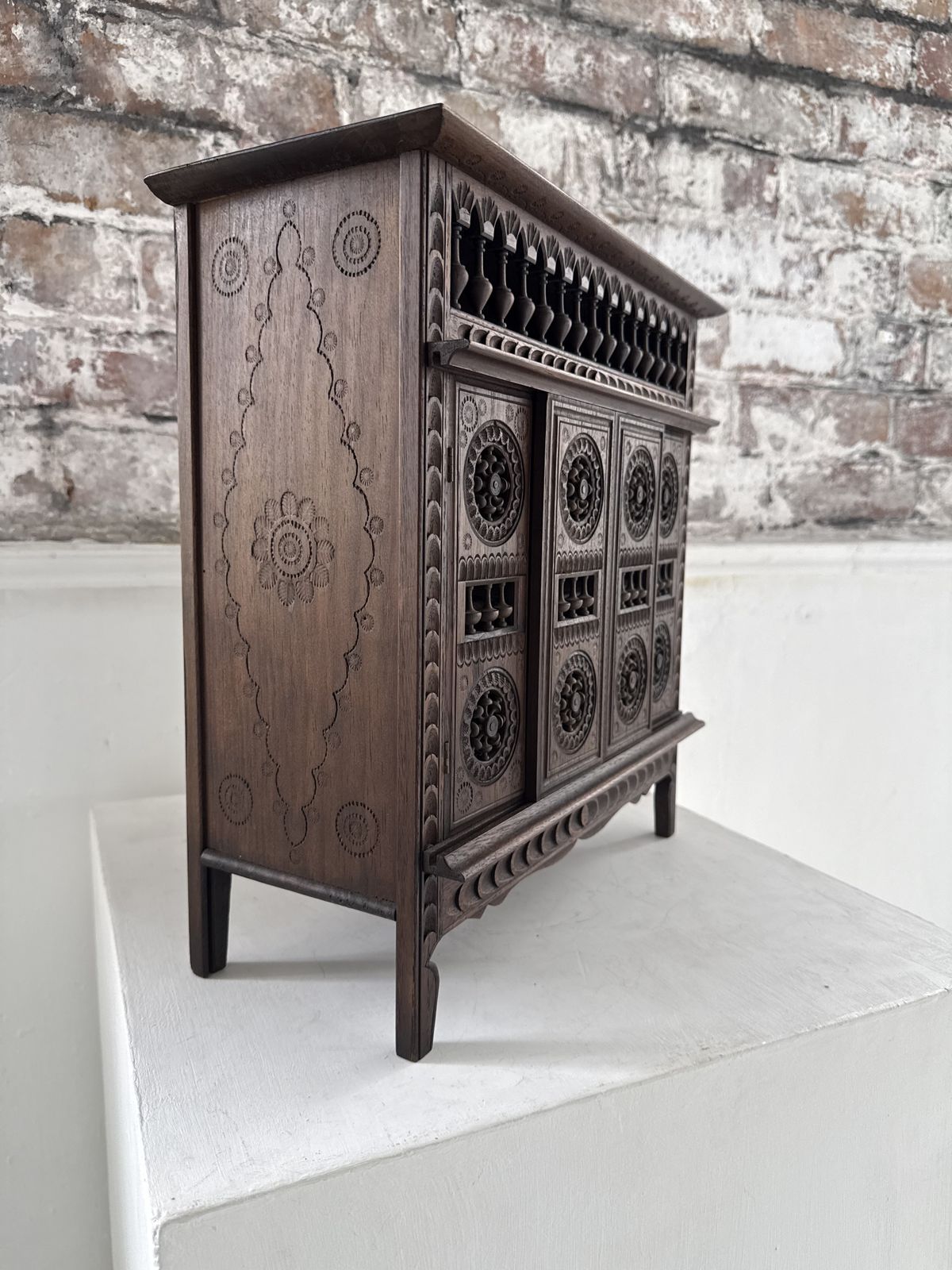 550.0 Breton Miniature Apprentice Piece Wheel Cabinet, Carved Chestnut, Late 19th/Early 20th Century photo