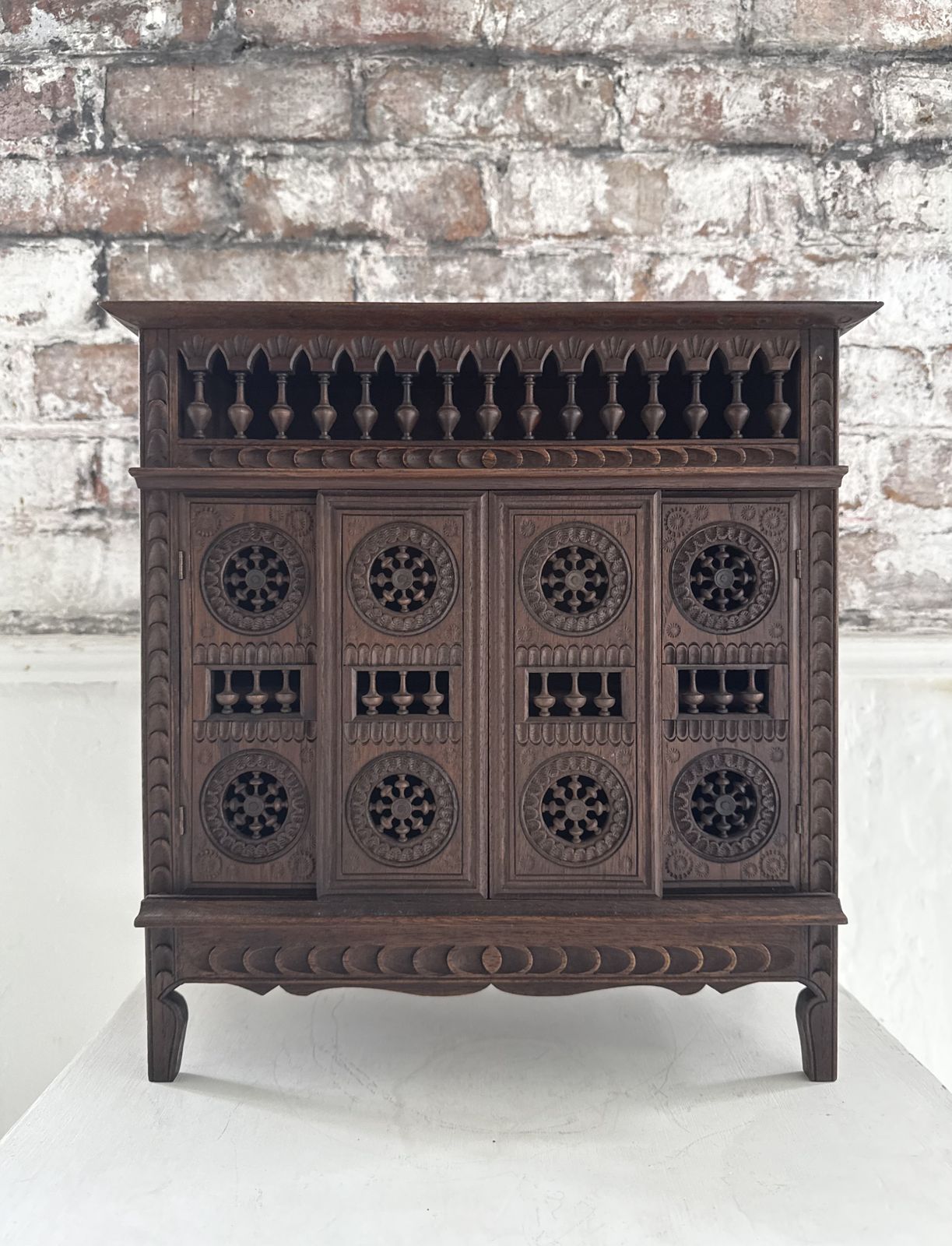 Breton Miniature Apprentice Piece Wheel Cabinet, Carved Chestnut, Late 19th/Early 20th Century