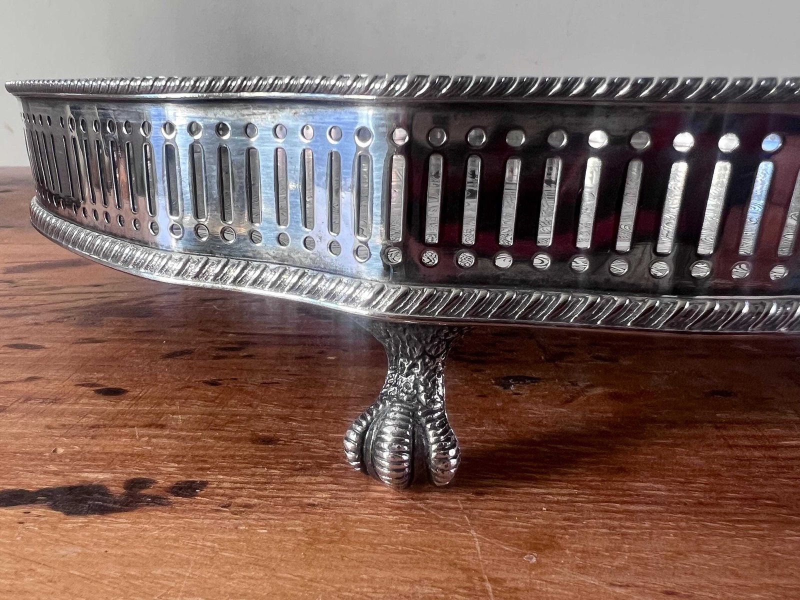 Vintage Sheffield Silver Plated On Copper Gallery Tray, Round Ornate Etched Serving Platter With Claw Feet & Monogram Engraved Drinks Tray photo buy