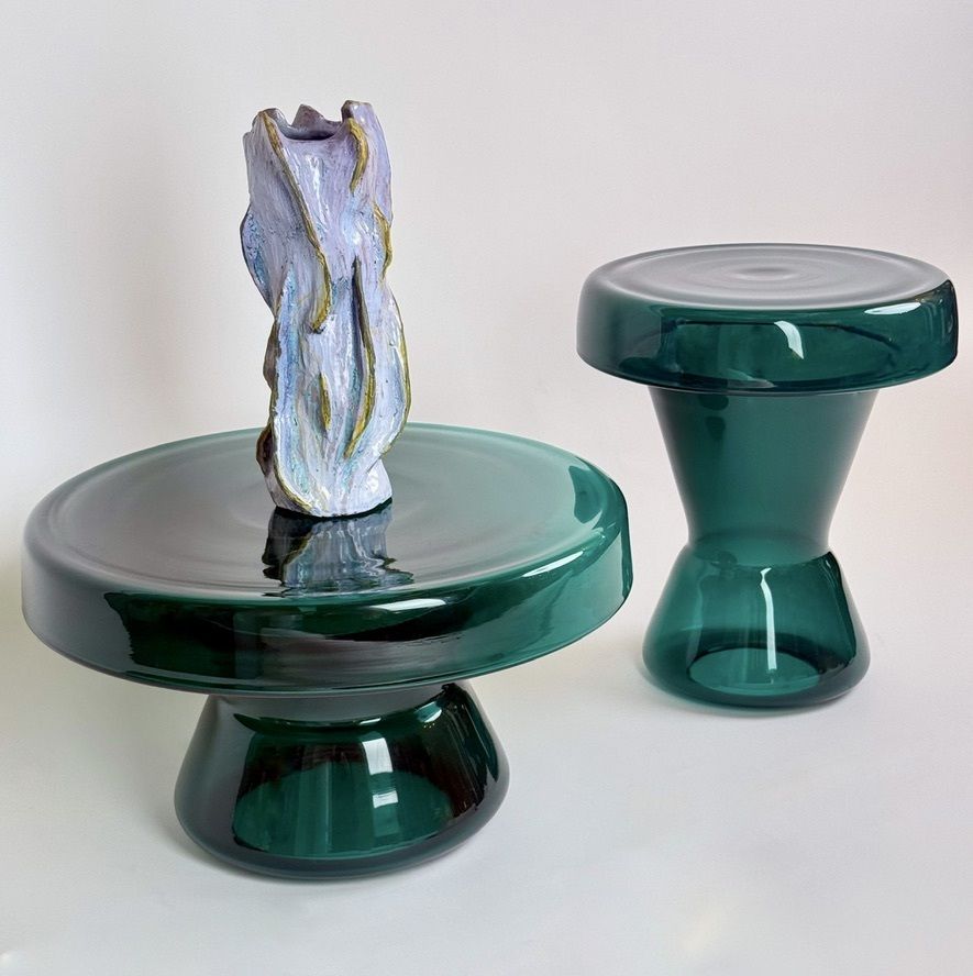 Paire de tables basses rondes en verre de Murano soufflé à la main, vert, contemporaines photo buy