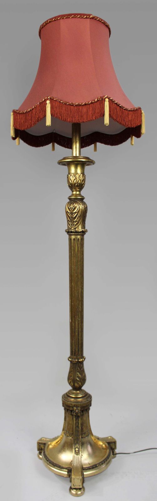 Carved Vintage Giltwood Standard Floor Lamp With Silk Shade photo for sale