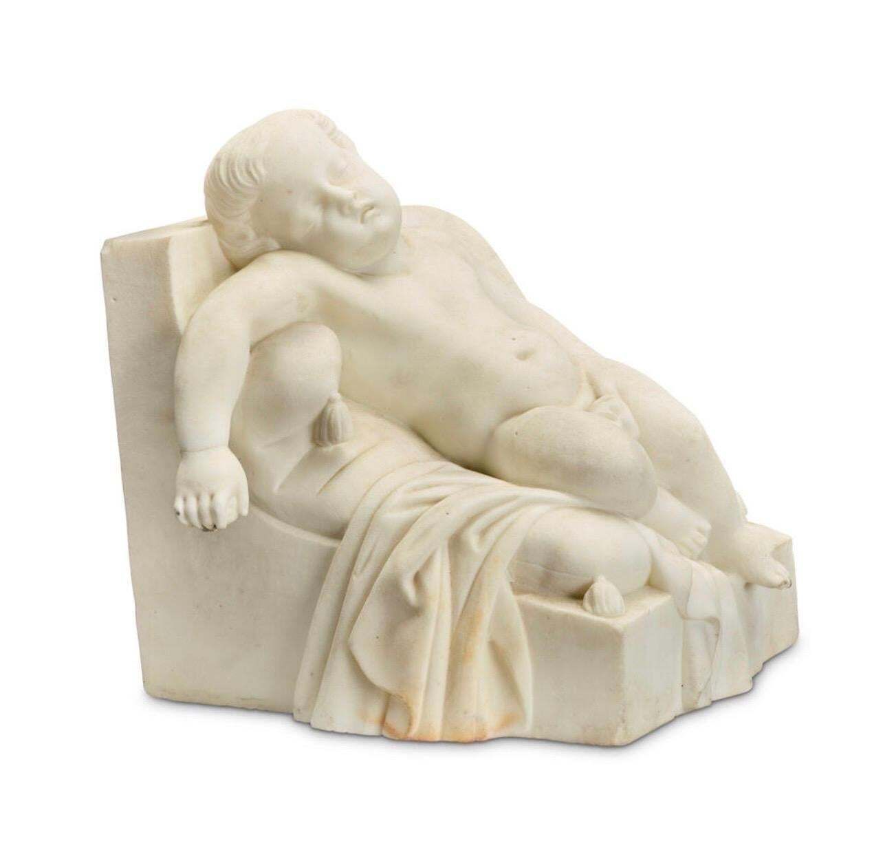 19th Century Italian Carrara Marble Sculpture Of Sleeping Putto photo furniture