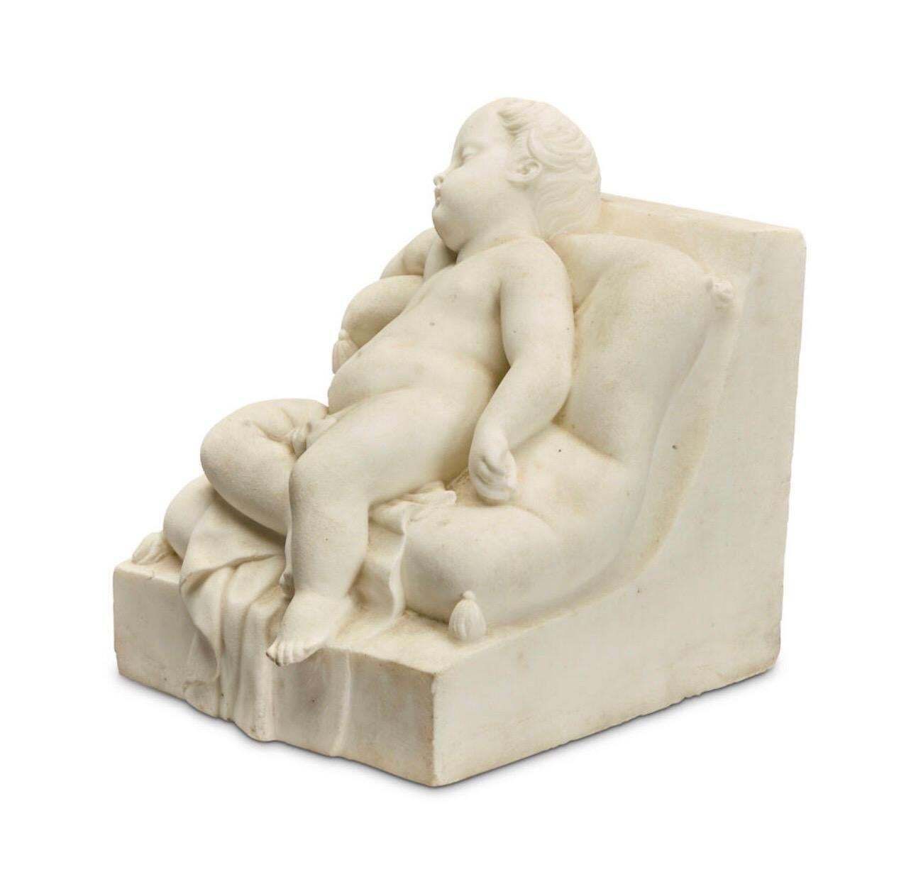 19th Century Italian Carrara Marble Sculpture Of Sleeping Putto photo for sale