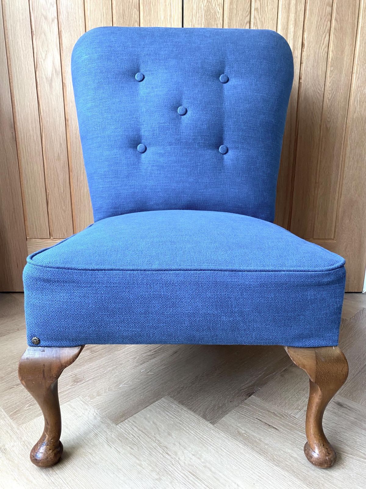 Antique Reupholstered Edwardian Button Back Nursing Chair In Blue photo for sale