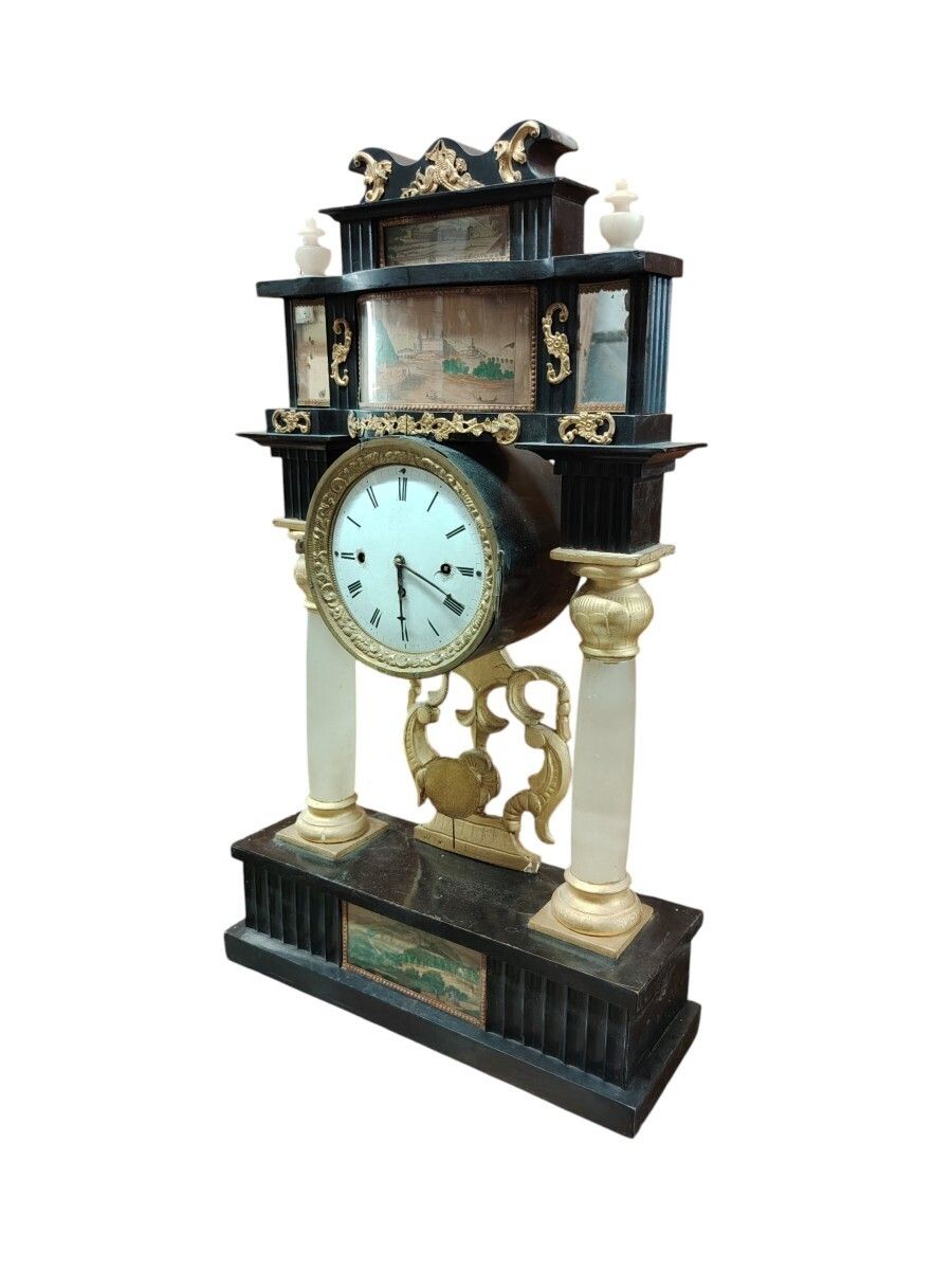 Biedermeier Mantel Clock In Ebonized And Gilded Wood, With Alabaster Columns, 19th Century photo furniture