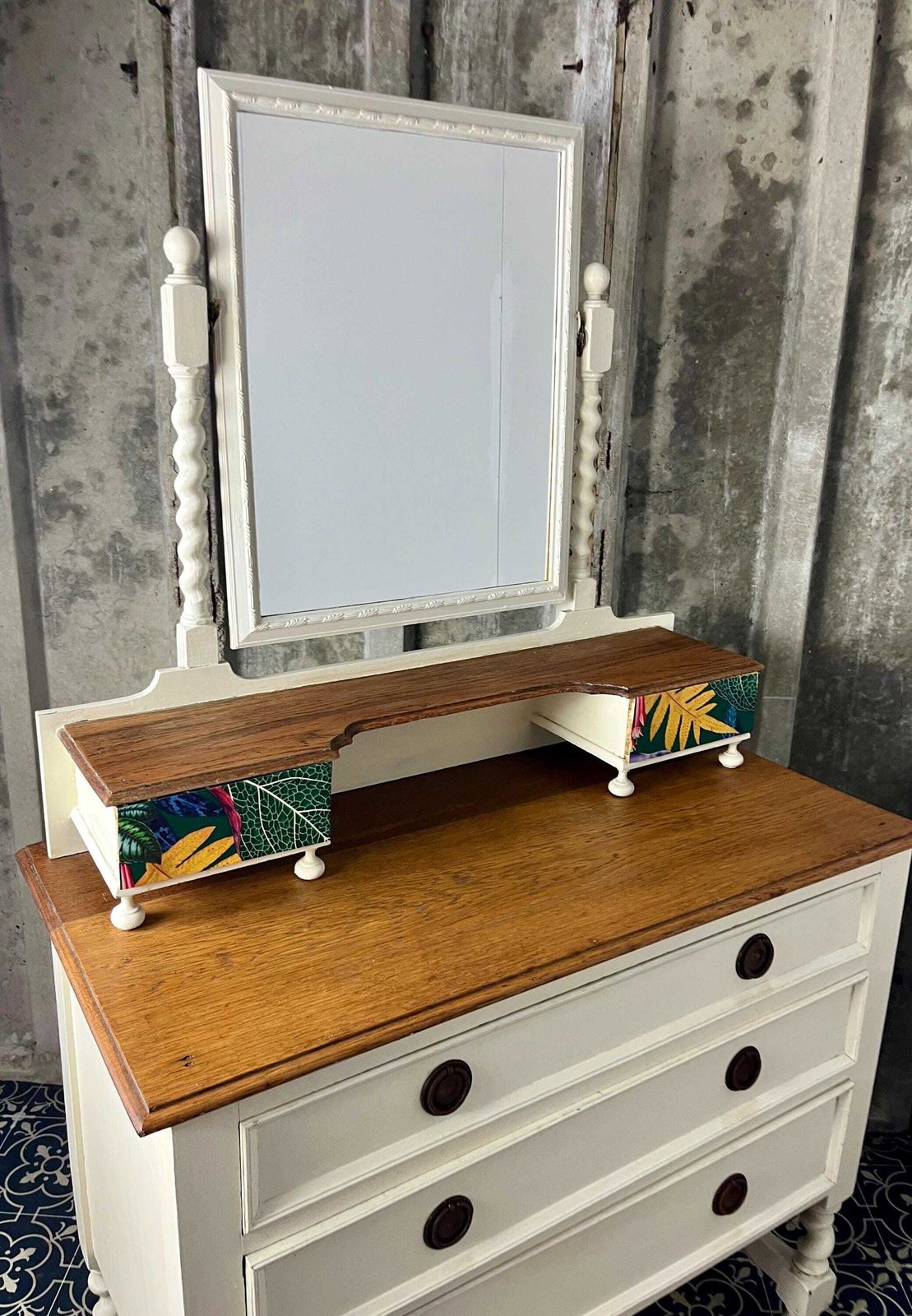 Vintage Shabby Chic Dressing Table, Mirror With Floral Detail photo for sale
