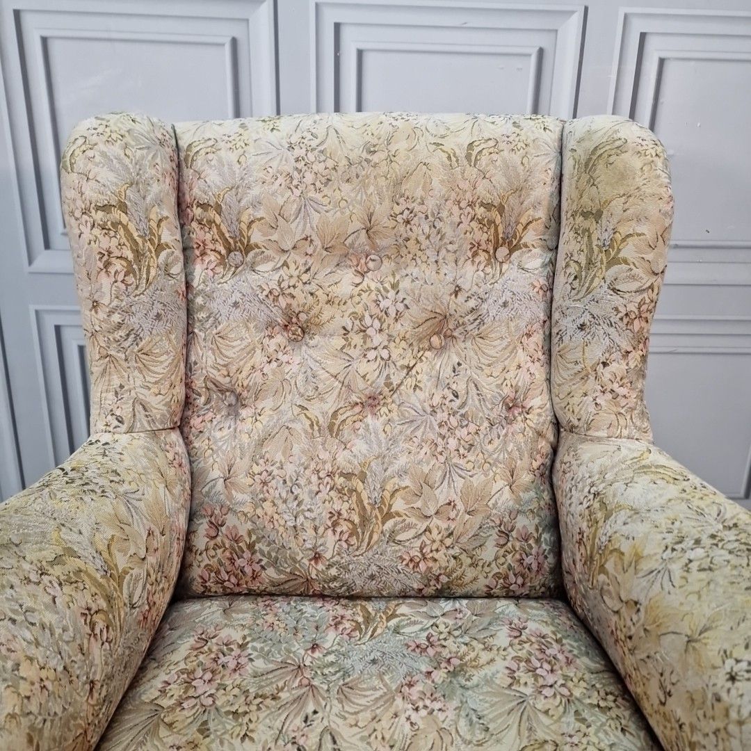Vintage Wingback Armchair Upholstered Fireside Chair Cabriole Legs Antique Style photo vinterior