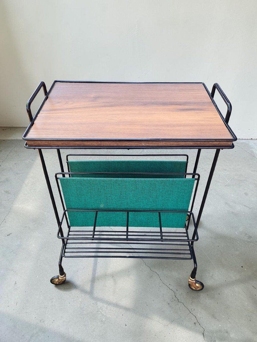 Side Table With Magazine Rack On Casters In Metal And Veneer, 1960s photo for sale