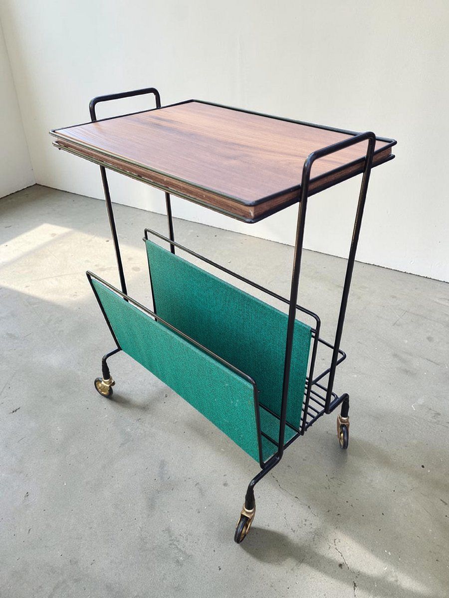 Side Table With Magazine Rack On Casters In Metal And Veneer, 1960s photo 276.0