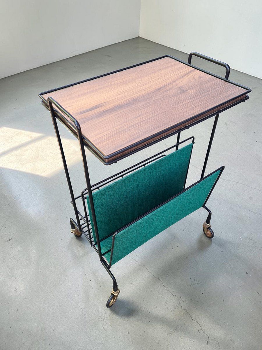 Side Table With Magazine Rack On Casters In Metal And Veneer, 1960s photo buy