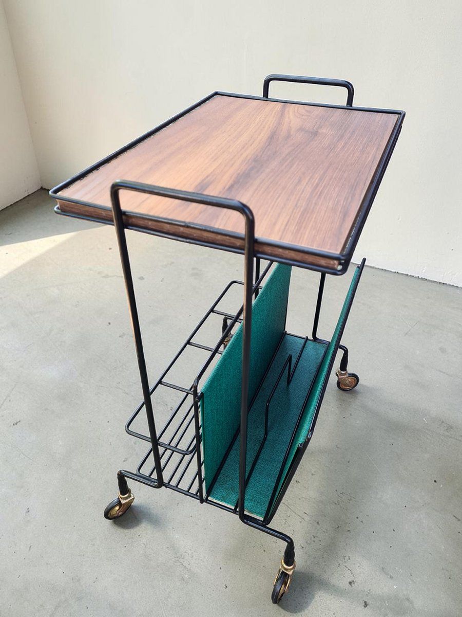 Side Table With Magazine Rack On Casters In Metal And Veneer, 1960s photo vintage
