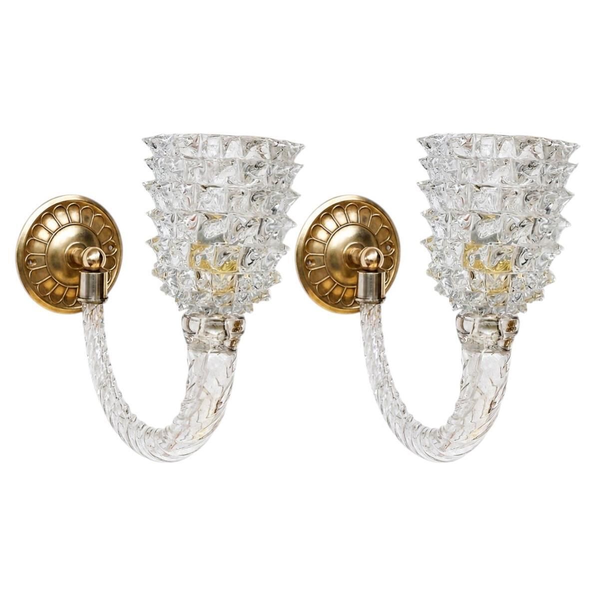 Set Of 2 Art Deco Wall Light In Murano Rostrato Glass By Barovier E Toso, 1950s