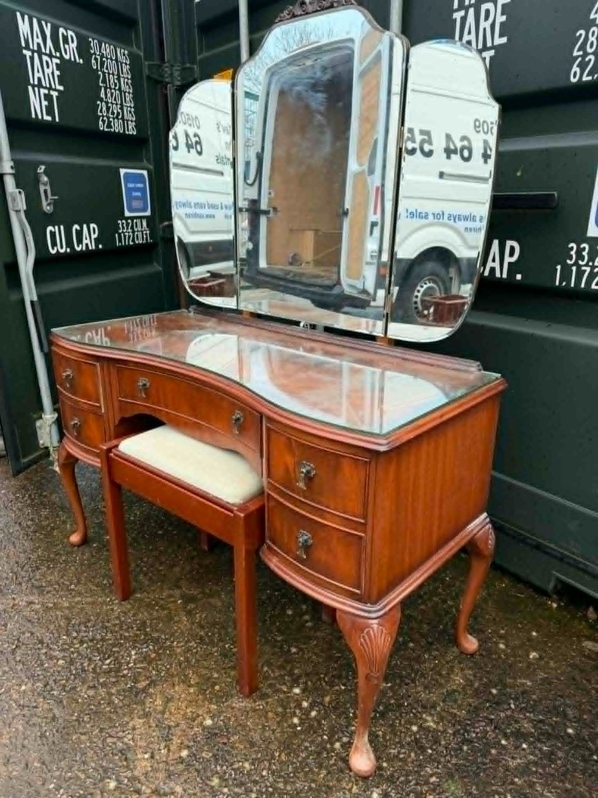 Vintage Dressing Table With Triple Mirror And Stool Ready To Upcycle photo furniture