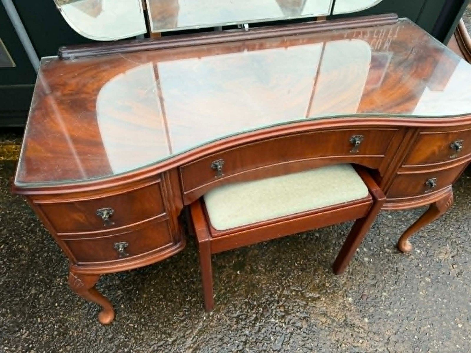 Vintage Dressing Table With Triple Mirror And Stool Ready To Upcycle photo for sale