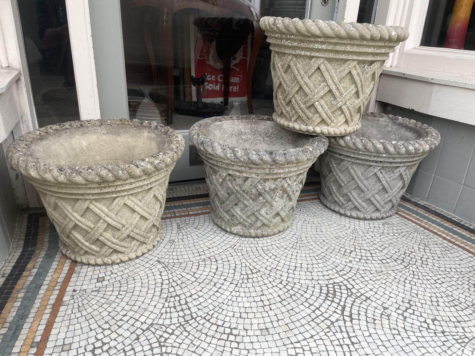 photo for sale Vintage Group Of 4 Quality Haddonstone Weathered Basket Weave And Rope Edge  Planters