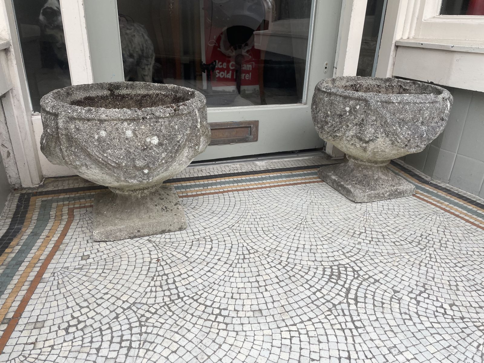 Antique Pair Of Weathered Garden Footed Swag Urns photo furniture