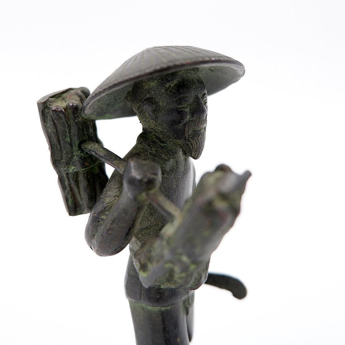 Asian Farmer Bronze Figurine, 19th Century Folk Art Sculpture, Vietnam photo furniture