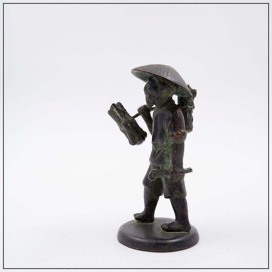 389.0 Asian Farmer Bronze Figurine, 19th Century Folk Art Sculpture, Vietnam photo