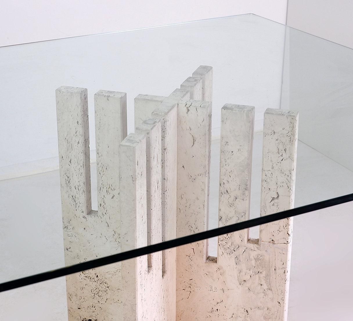 Large Square Dining Table In Travertine And Glass   Italy 1970s photo furniture