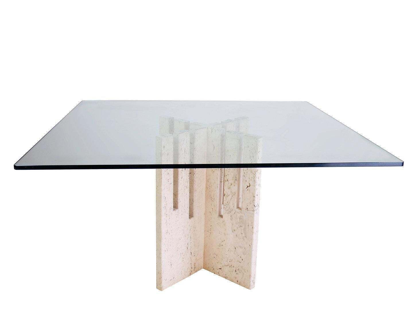 photo vinterior Large Square Dining Table In Travertine And Glass   Italy 1970s