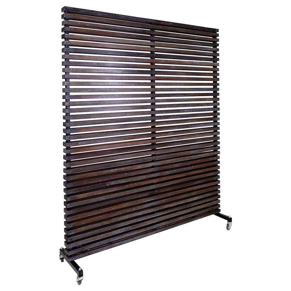Slatted Wood Panel Room Divider Or Slatted Coat Rack With 10 Mobile Hooks   20th