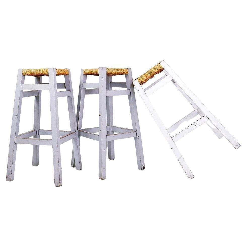 Set Of 3 Vintage Wood Framed Rush Seat Bar Stools, Circa 1960