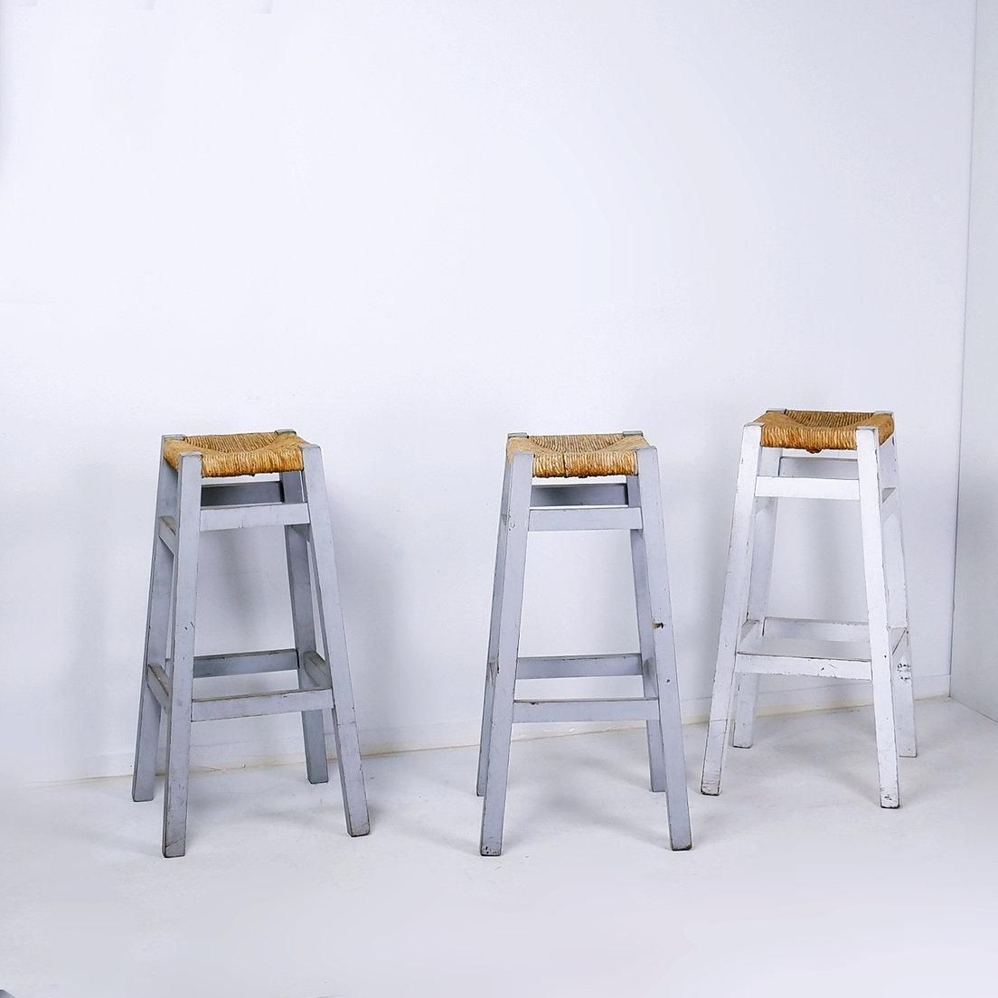 photo furniture Set Of 3 Vintage Wood Framed Rush Seat Bar Stools, Circa 1960