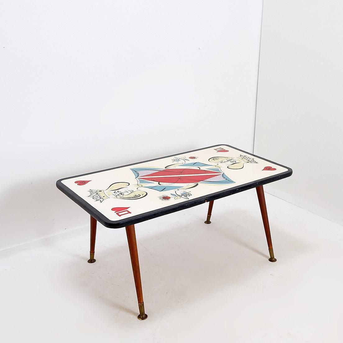 Furniture Mid Century 'Dame De Coeur' Coffee Table, Wood & Brass, 1950s photo