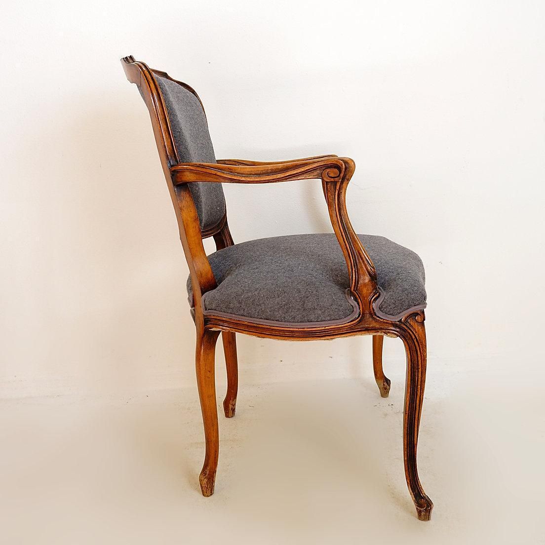 photo for sale Louis XV Style Armchair In Mouse Gray Felt, Carved Wood, 20th Century