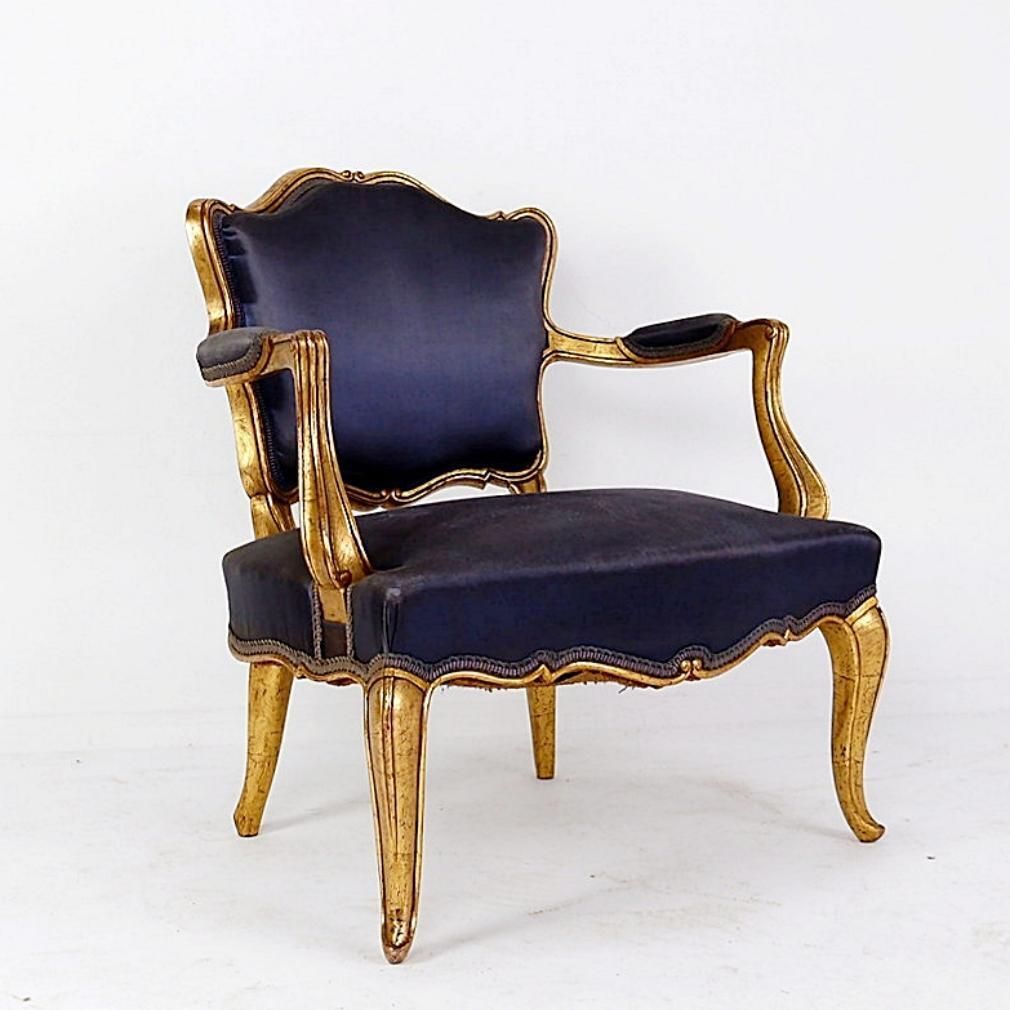 Furniture Louis XV Style Armachairs With Original Navy Blue Silk Upholstery   20th photo