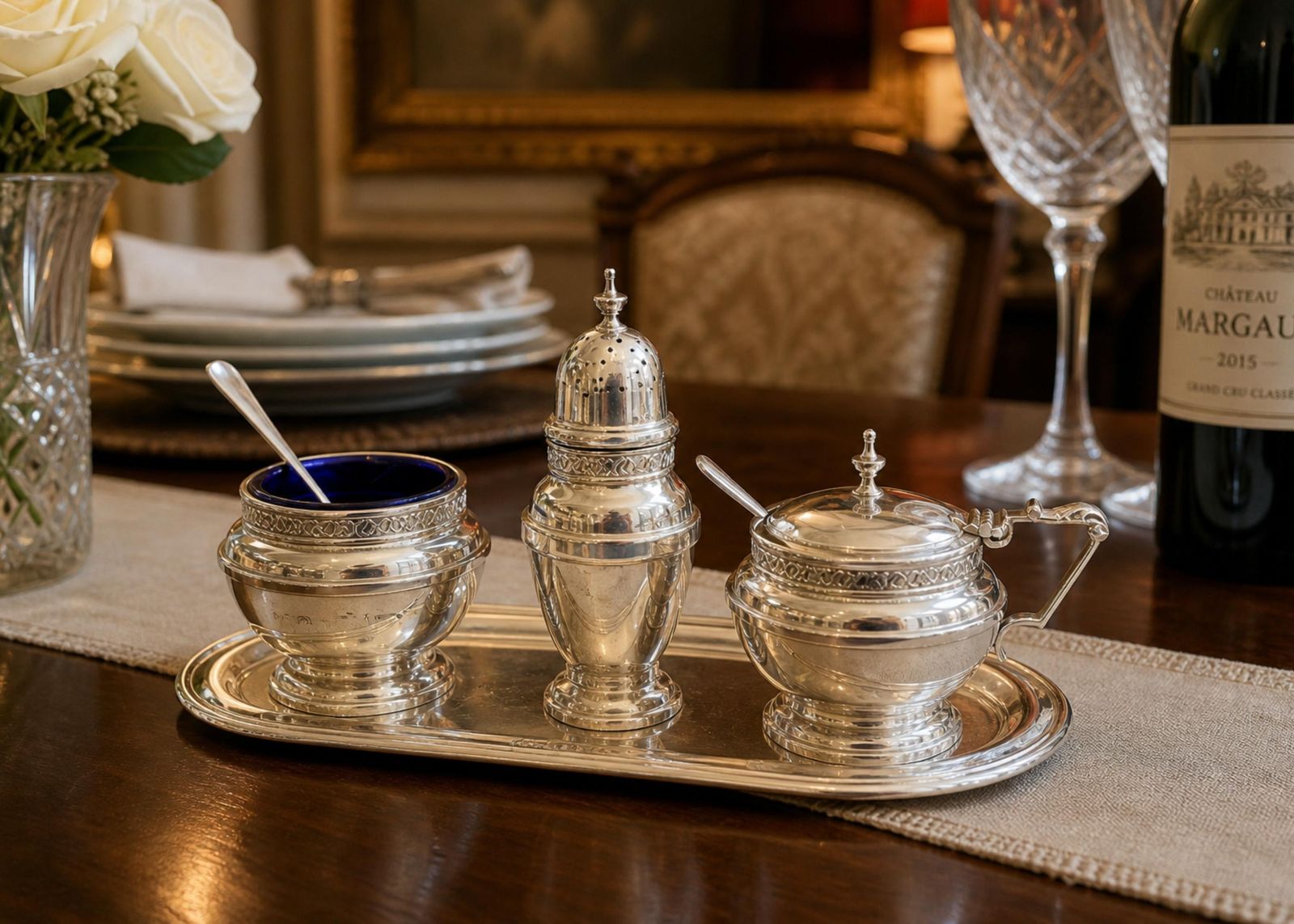 Antiek Sterling Zilveren Condimentenset in Originele Passende Koffer, Londen Gehaltemerkt photo furniture