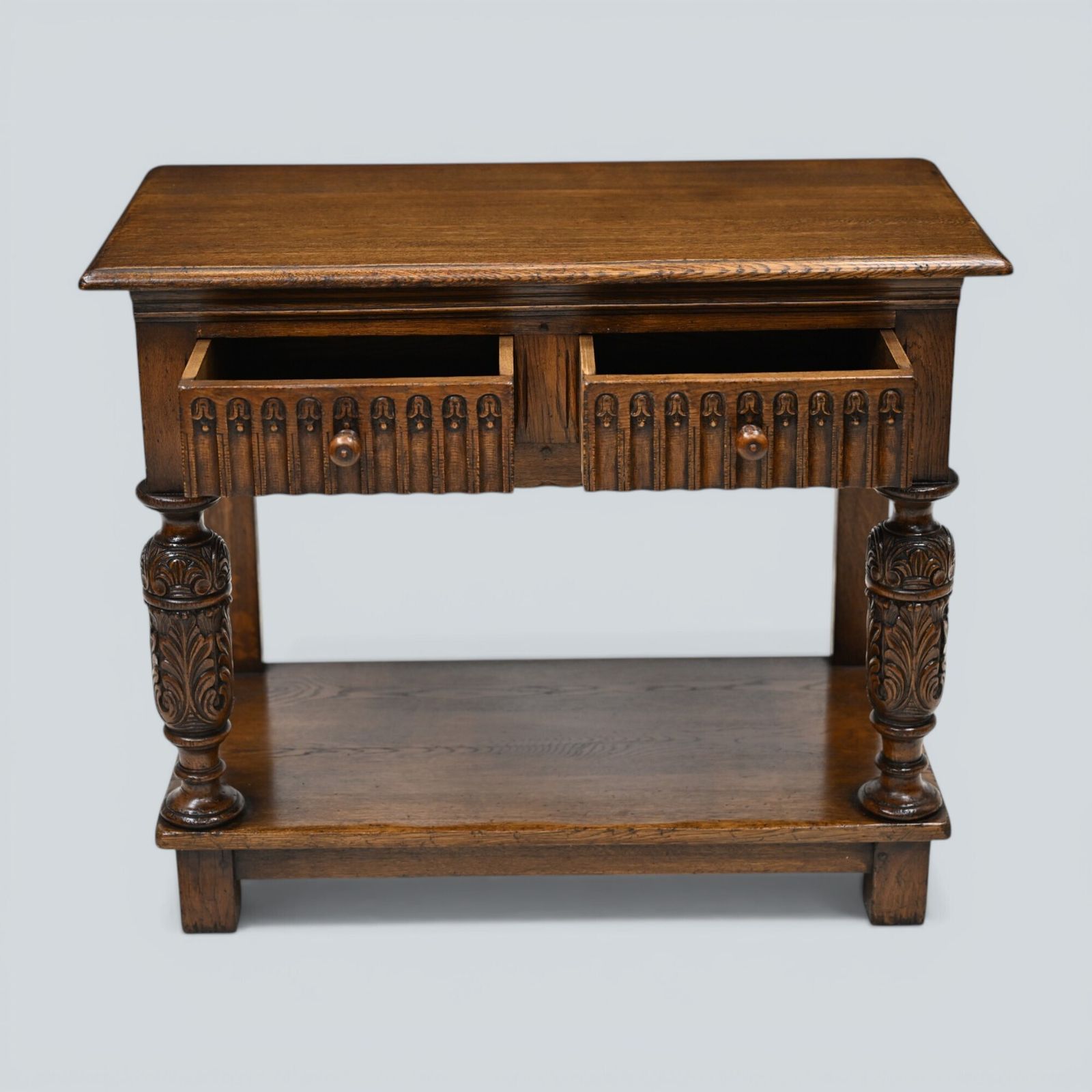 photo for sale Oak Hall Table 2 Drawers Lower Tier Carved Front Legs Free Uk Delivery