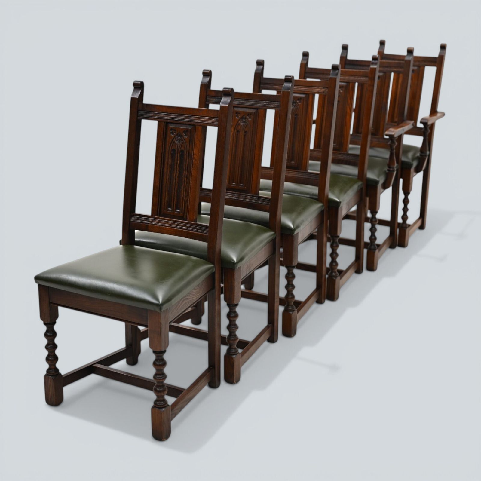 6 Oak Dining Chairs Old Charm Green Leather Seats Tudor Brown Free Uk Delivery photo furniture