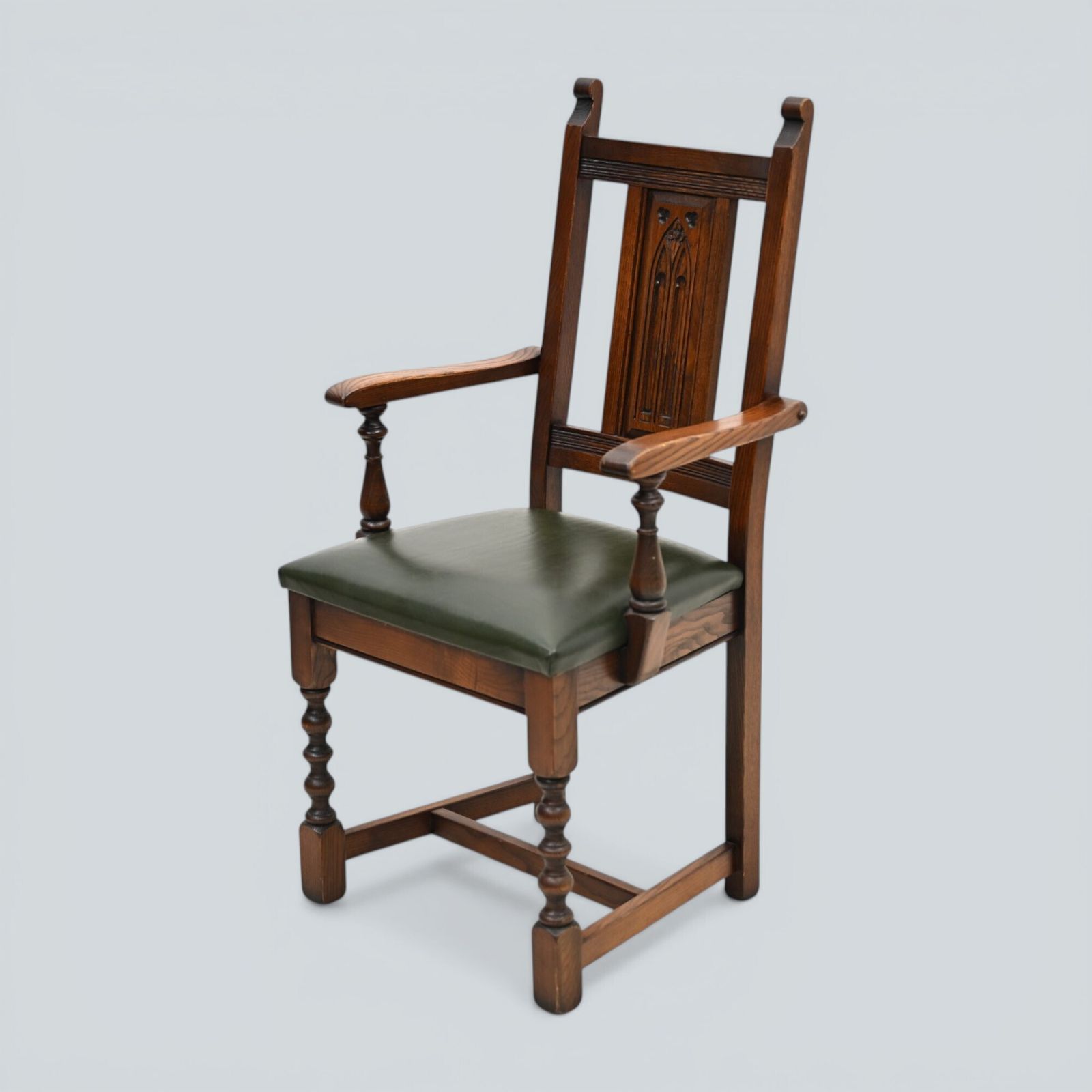 photo vintage 6 Oak Dining Chairs Old Charm Green Leather Seats Tudor Brown Free Uk Delivery