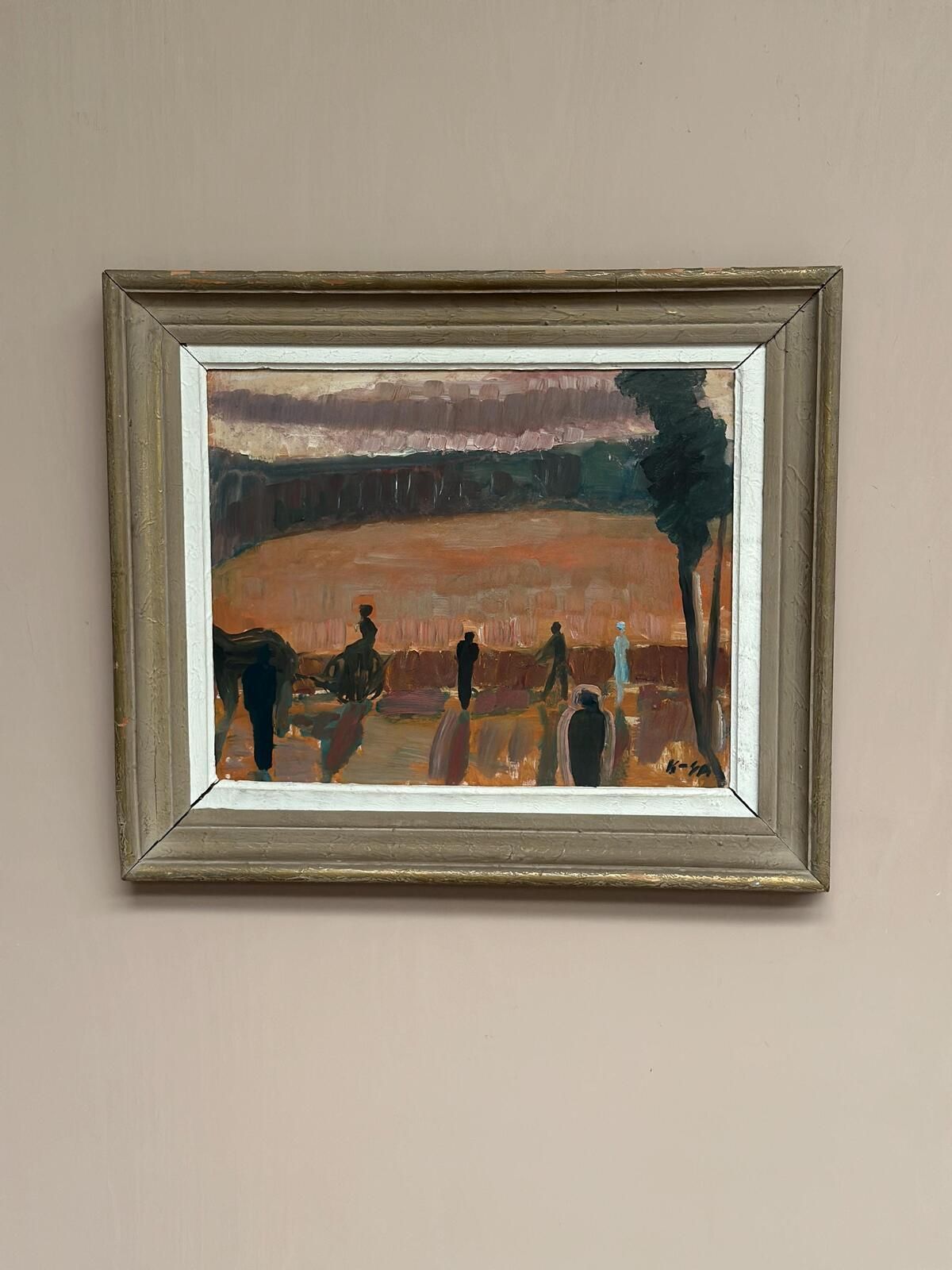345.0 Original Mid Century Swedish Oil On Panel – “Farmers” By Karl Göte åson Sernius – Dated 1964 – Vintage & Framed – 55 × 47 Cm (21.7" × 18.5") photo