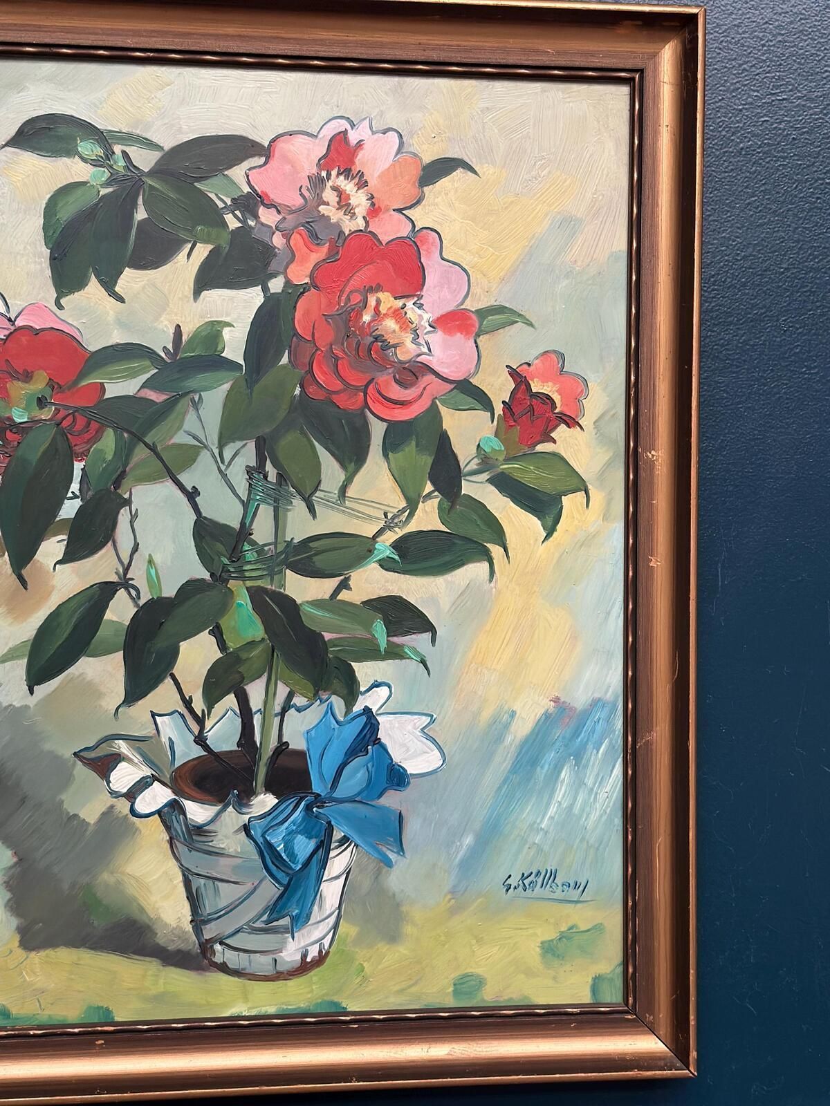Original Mid Century Swedish Oil On Panel – "Flower Motif In Pot” By G. Källbom – Vintage & Framed – 50 × 67 Cm (19.7" × 26.4") photo vinterior