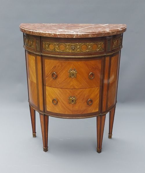 French Antique Demi Lune Chest Of Drawers Marble Top With Gilded Mounts