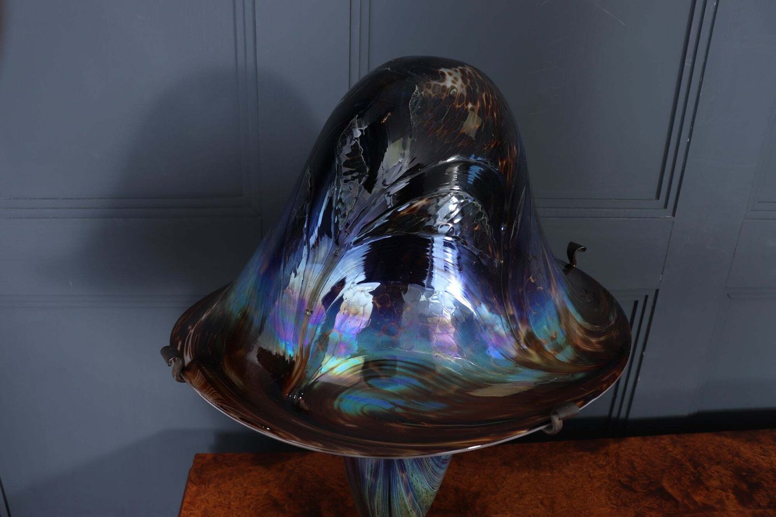photo for sale Large Signed French Iridescent Art Glass Mushroom Lamp