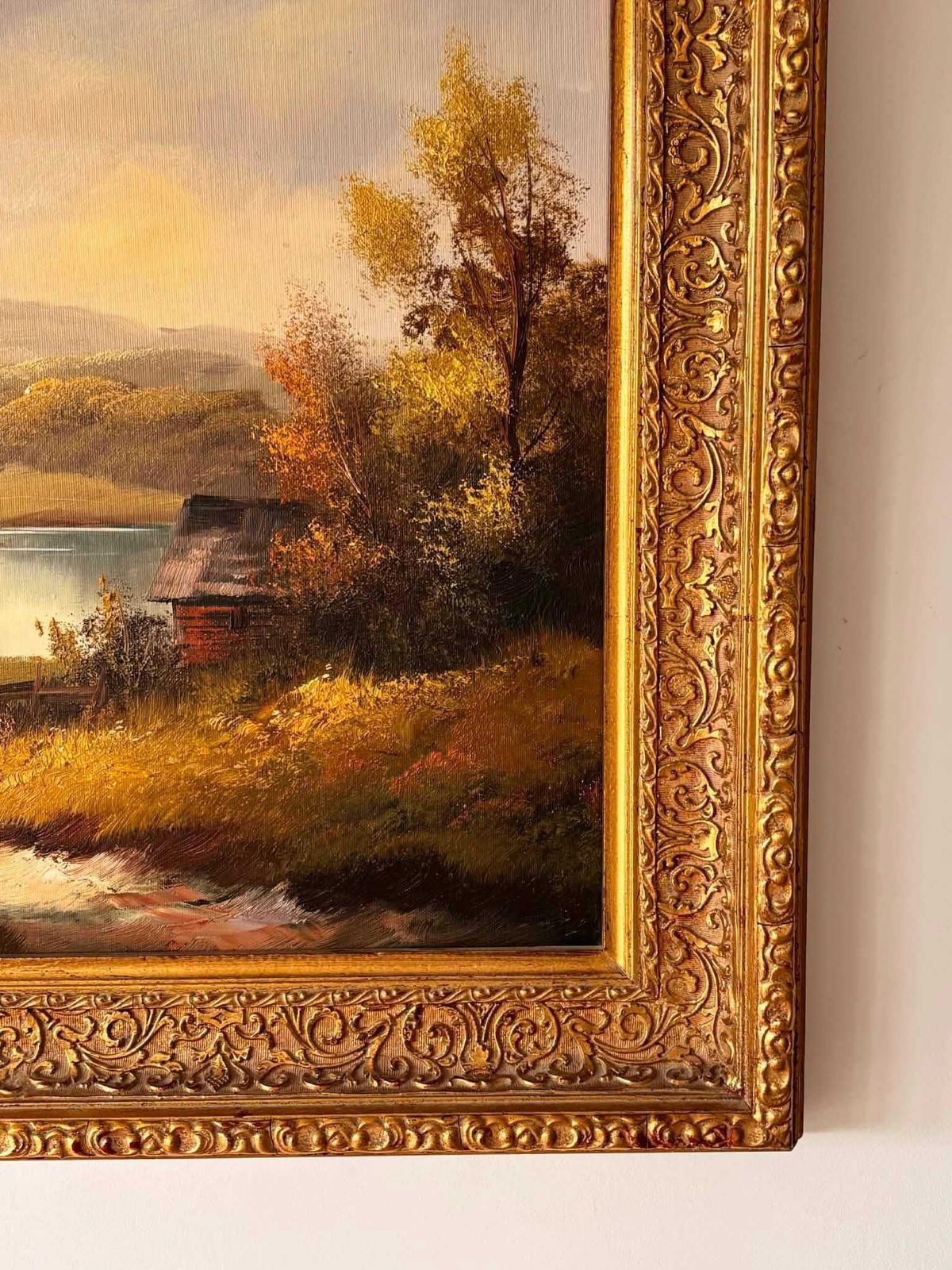 Vintage Landscape Oil Painting Signed Börner, Framed European Pastoral Lake Scene In Ornate Gold Frame, Rustic Cottage Wall Art photo furniture