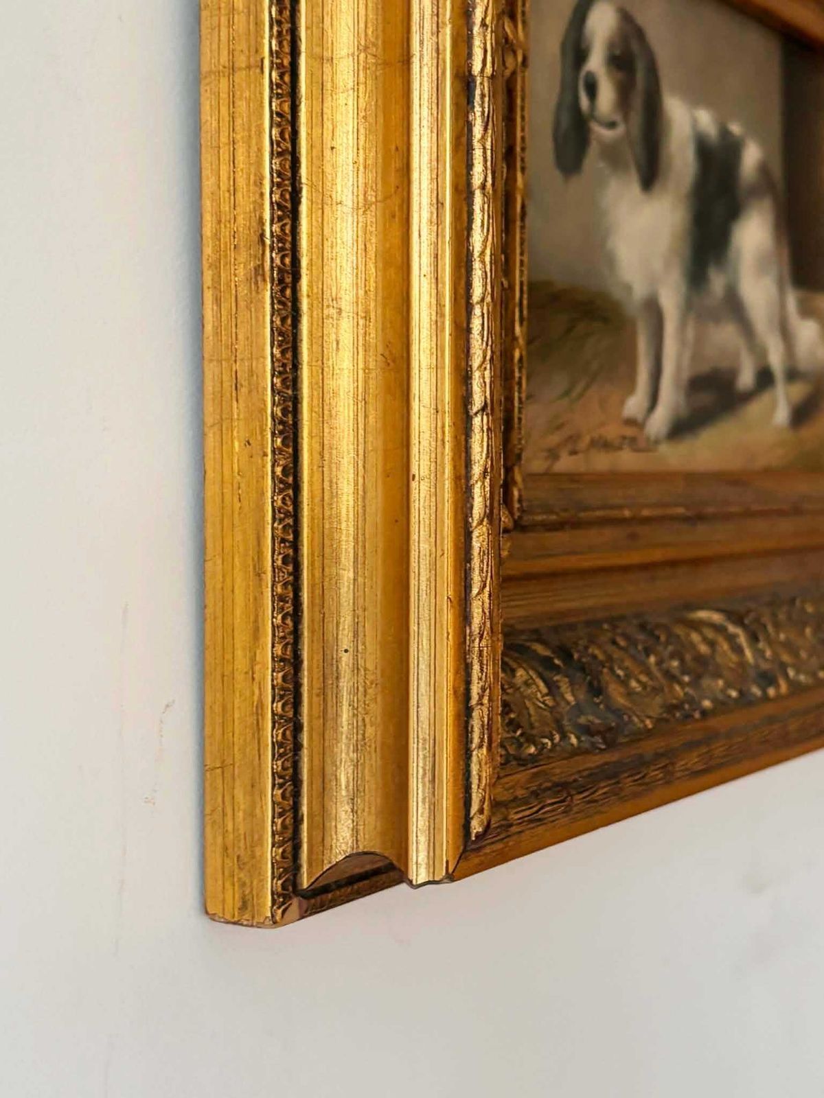 Antique Dog Painting Signed L. Maher, Spaniel Portrait In Ornate Gilt Frame photo buy