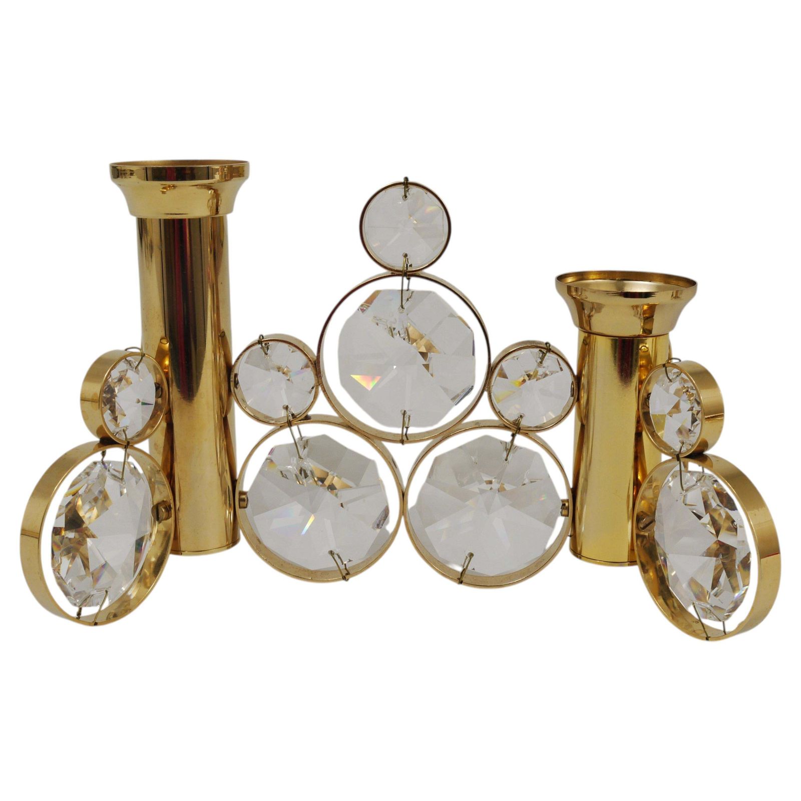 Palwa Gaetano Sciolari Style Brass & Crystal Candle Holder Candlestick, 1970s