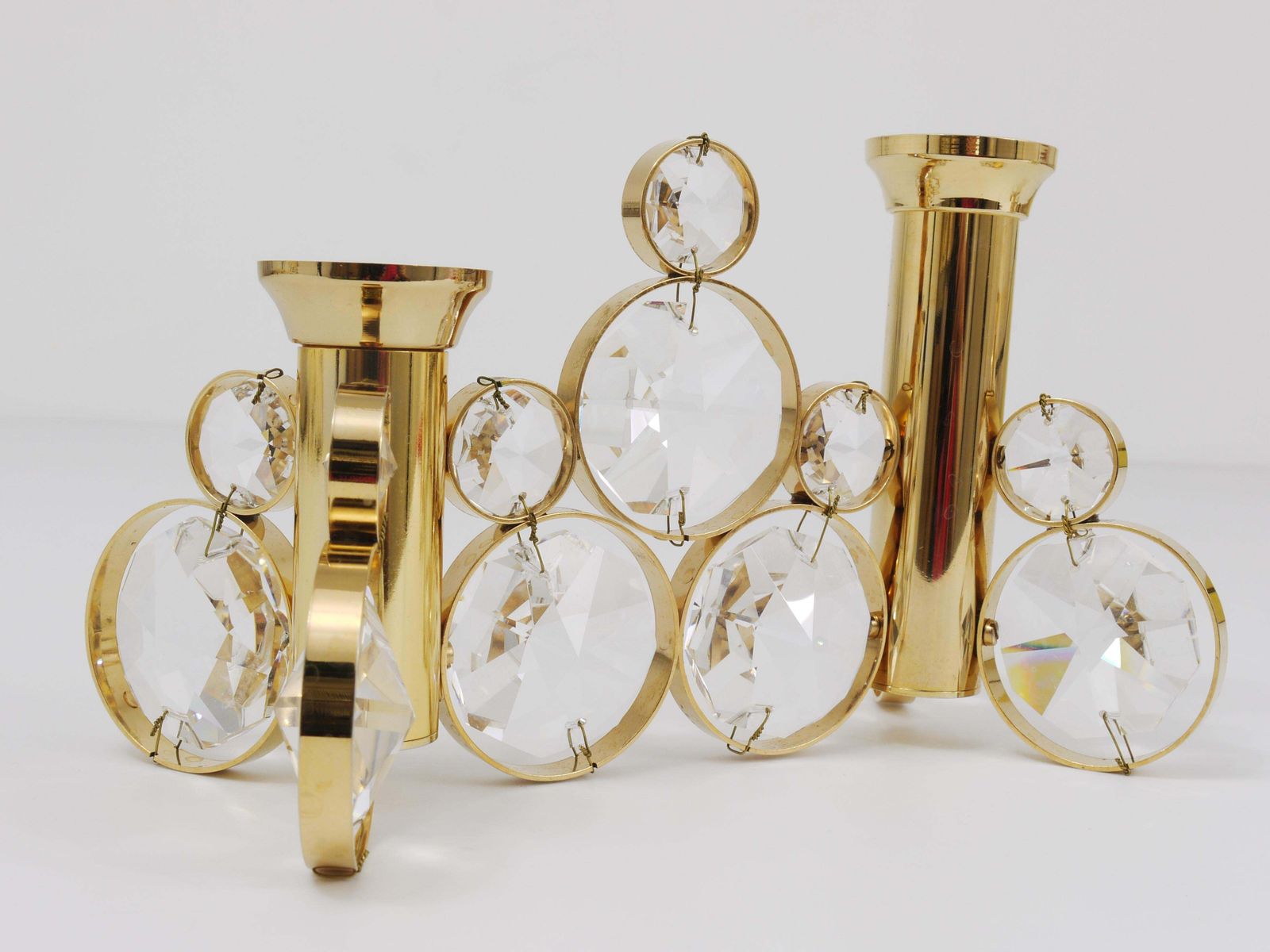 photo for sale Palwa Gaetano Sciolari Style Brass & Crystal Candle Holder Candlestick, 1970s