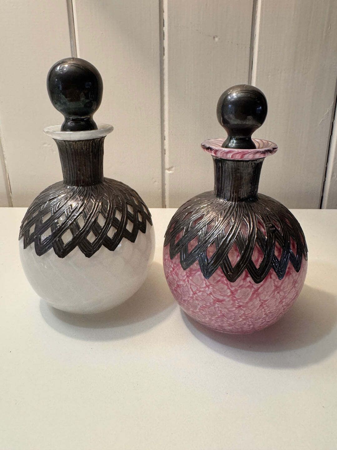 Vintage Sileda Ltd Silver Overlay Art Deco Style Hand Blown Pink Glass Perfume Bottle With Stopper photo furniture