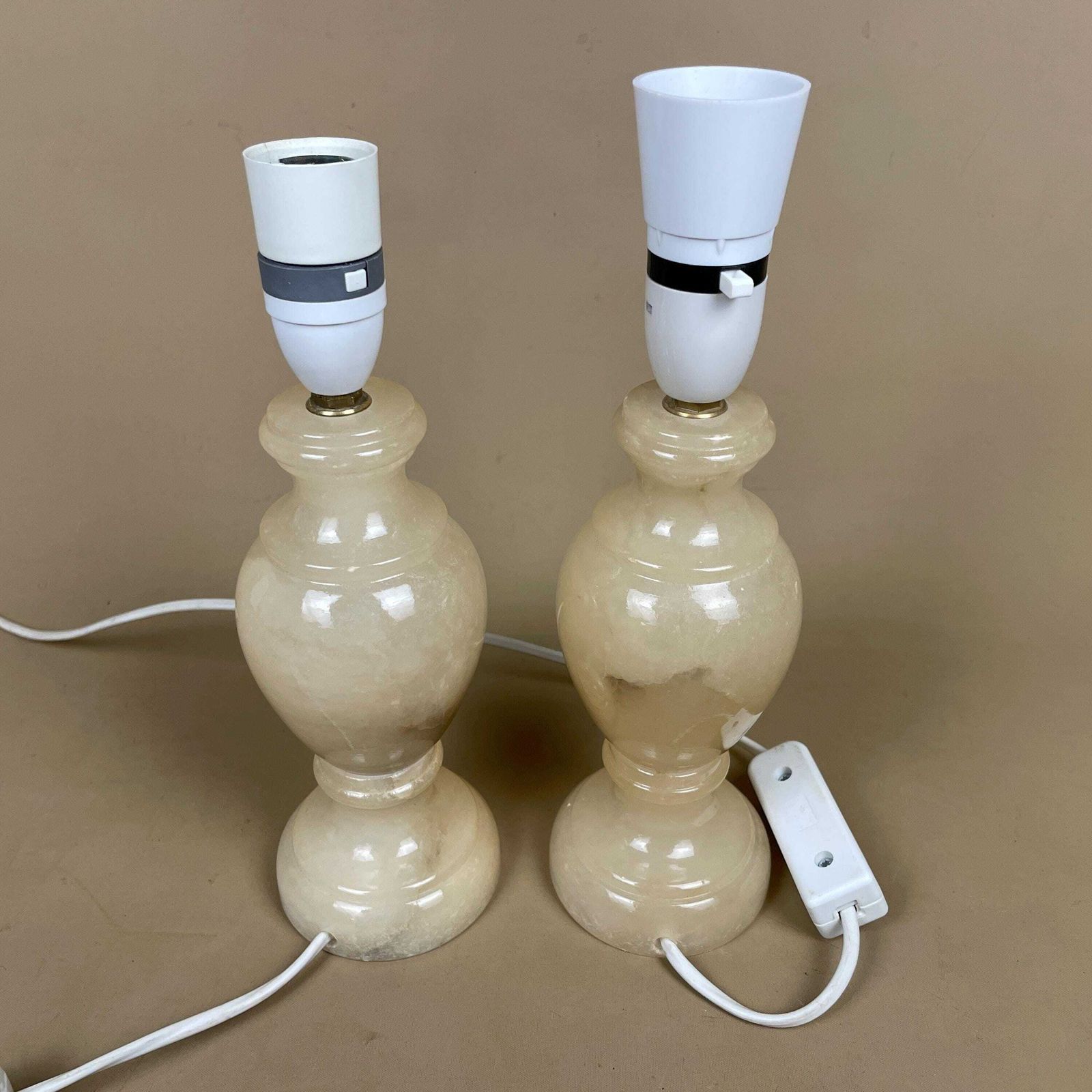Pair Marble Table Lamps Cream Base Onyx Light Stone Small Vintage Italian Mid Century Style photo 89.0