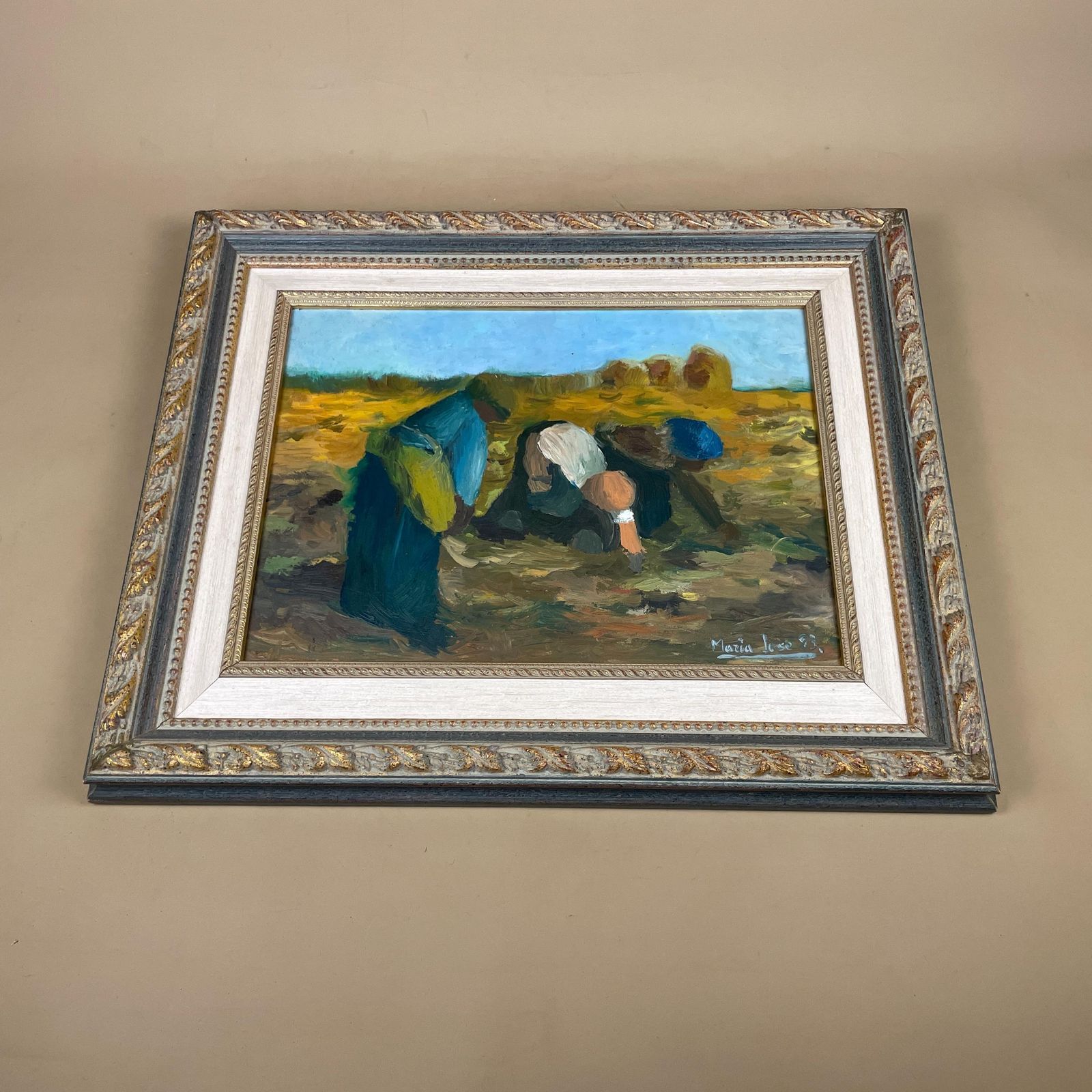 Original Oil Painting Framed Agricultural Farm Scene Signed Maria Jose 1993 Rustic Gilt Frame Field Landscape Wall Art Vintage Large