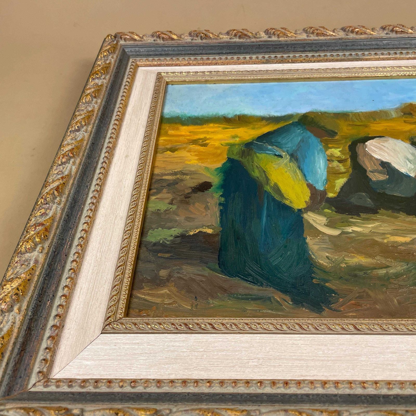 Original Oil Painting Framed Agricultural Farm Scene Signed Maria Jose 1993 Rustic Gilt Frame Field Landscape Wall Art Vintage Large photo 125.0