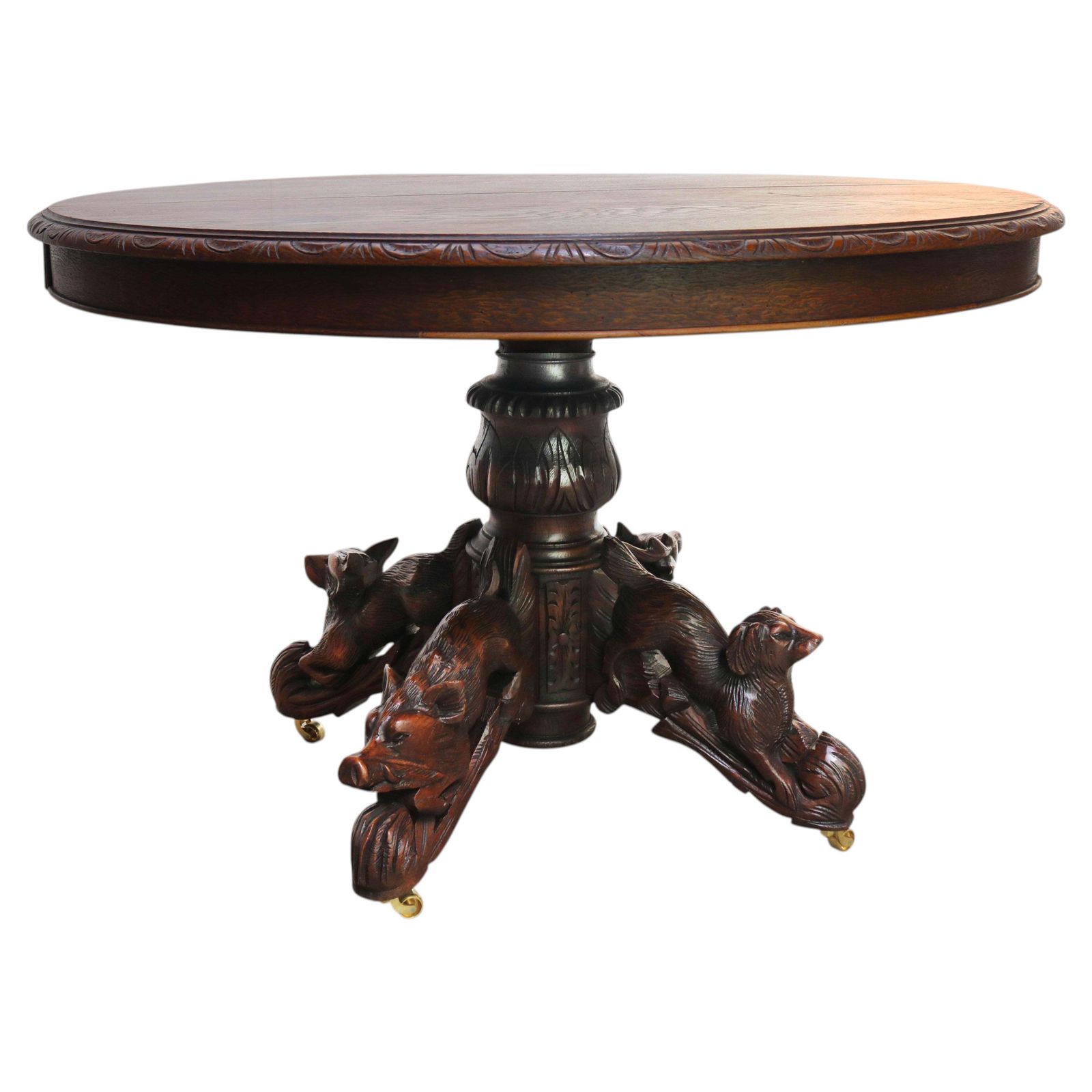 19th Century French Antique Oak Oval Dining Hunt Table Black Forest Animal Lodge